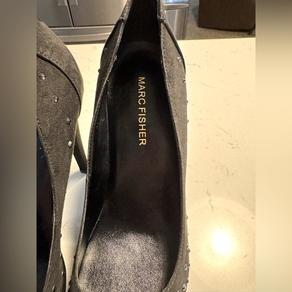 Marc Fisher Black suede with black beading Peep-Toe Platform 4.5-5 inch Heels - Picture 7 of 10